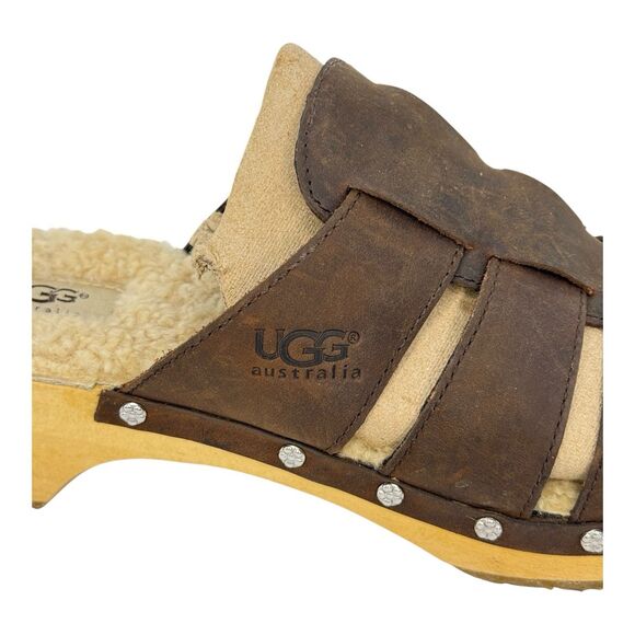 UGG Womens CLOGS Sandals Ore Brown Leather 1675 WOODEN shearling Slip on Size 10 - Picture 6 of 8